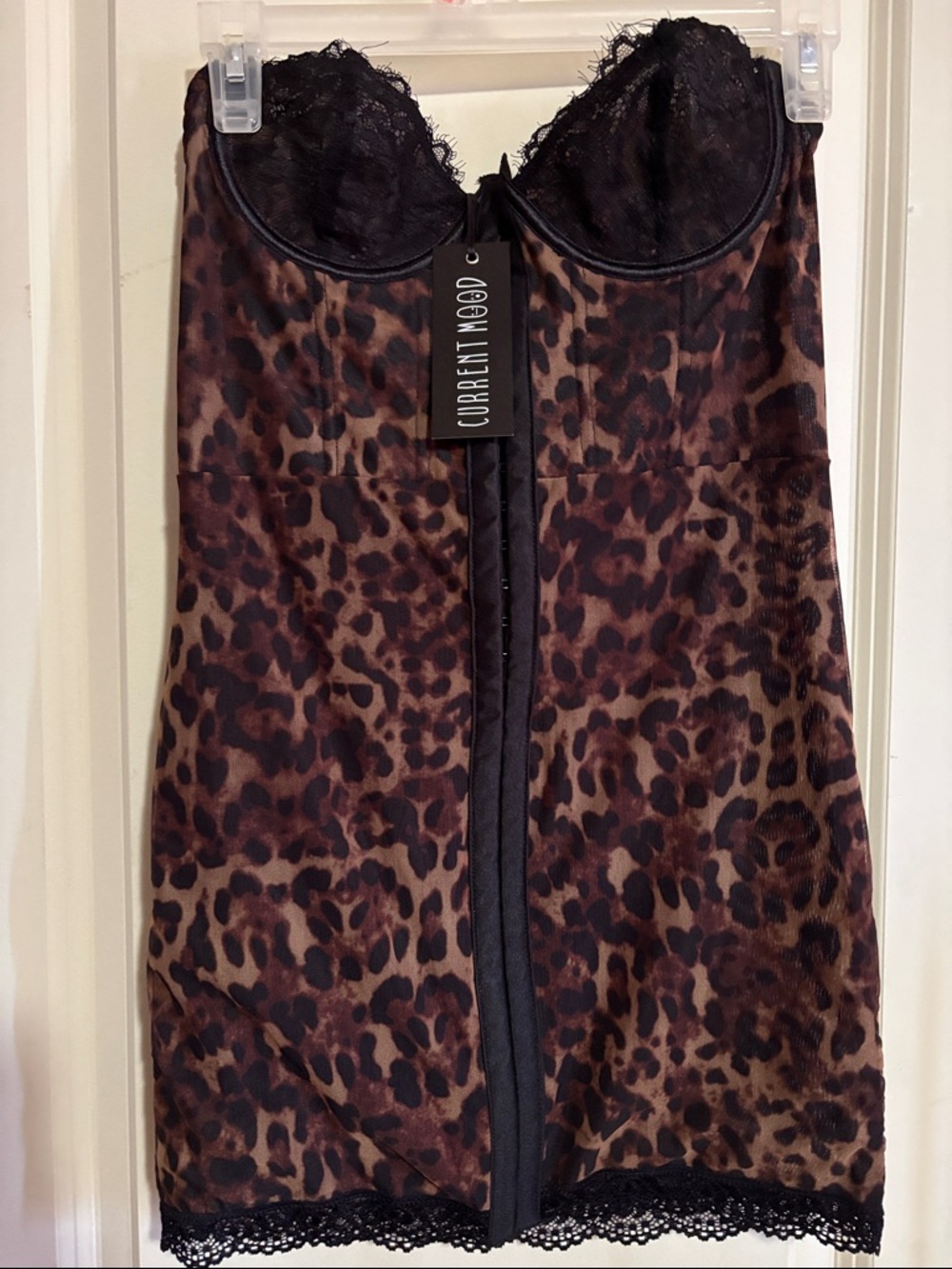 Current Mood Leopard Lace-Trim Bustier Slip Dress in Brown and Black